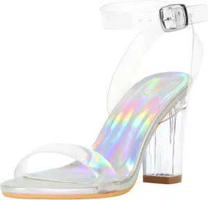 ZriEy Clear Block Sandals Chunky Heels for Women 3.35 Inch Open Toe Adjustable Ankle Strap Pump Sandals for Weddings Parties Daily Wear