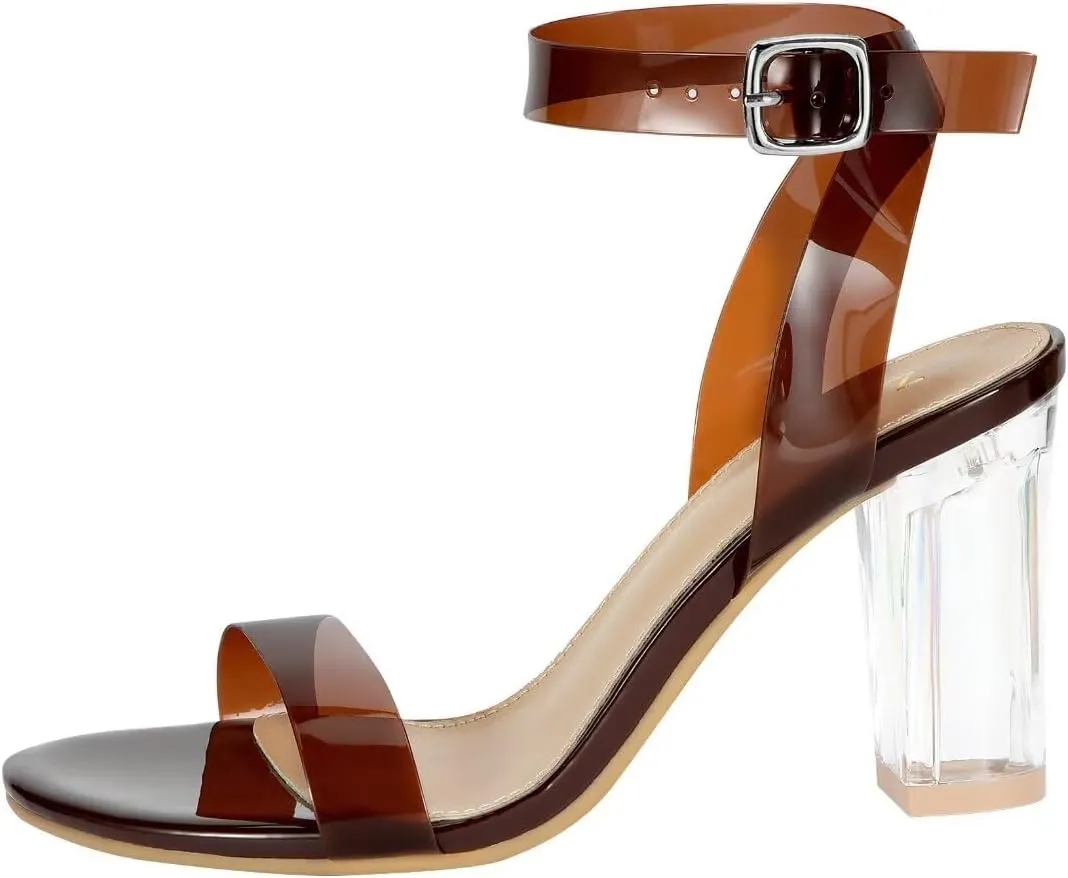ZriEy Clear Block Sandals Chunky Heels for Women 3.35 Inch Open Toe Adjustable Ankle Strap Pump Sandals for Weddings Parties Daily Wear