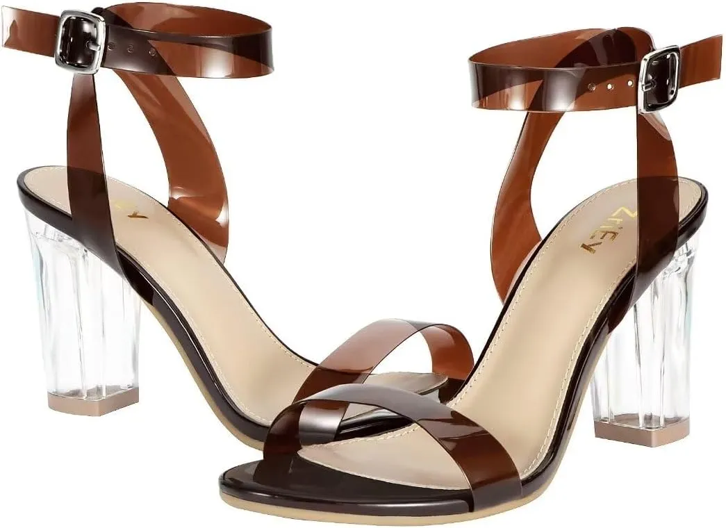 ZriEy Clear Block Sandals Chunky Heels for Women 3.35 Inch Open Toe Adjustable Ankle Strap Pump Sandals for Weddings Parties Daily Wear