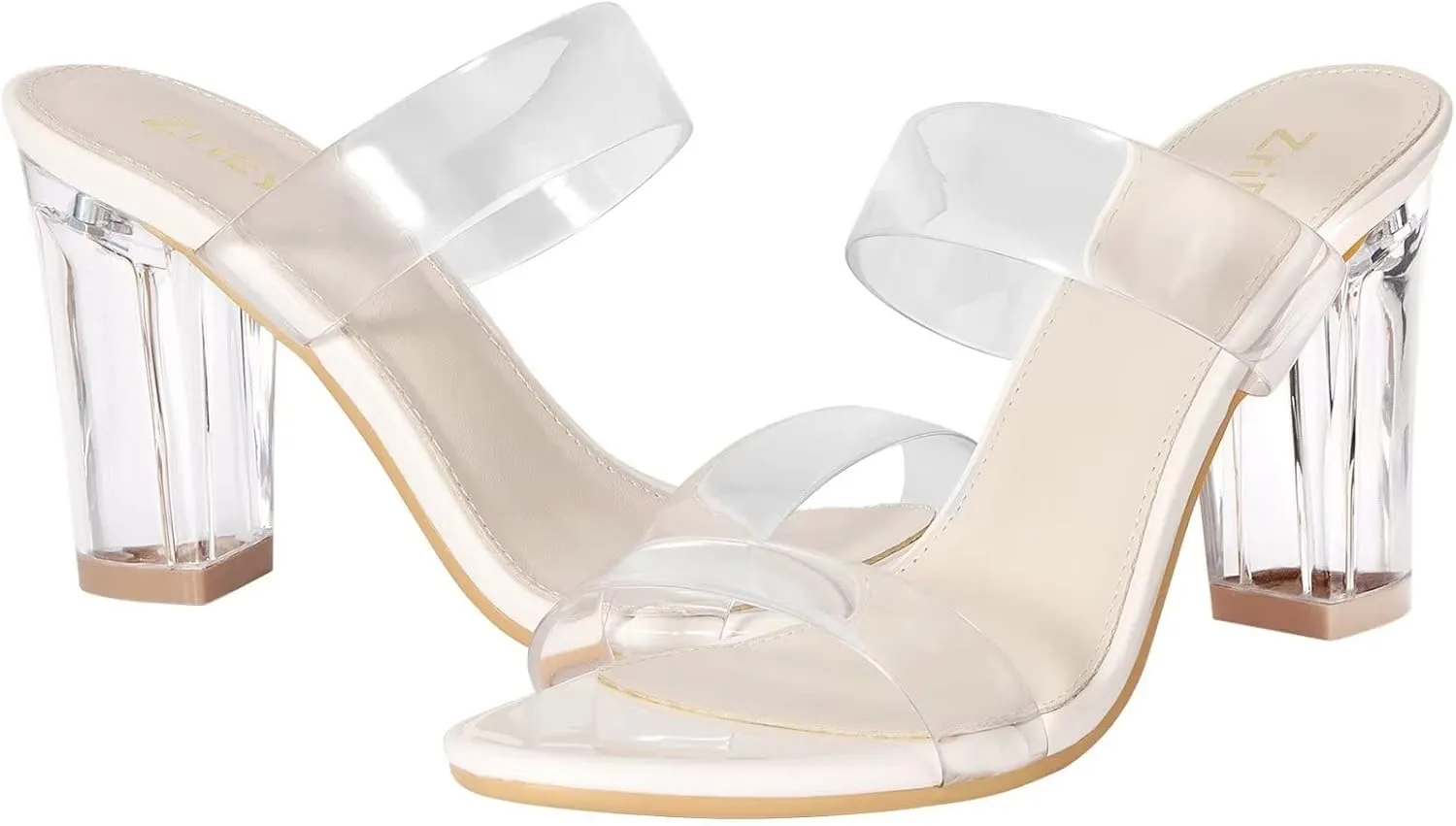 ZriEy Women's Chunky Block Open Toe Mid High Heeled Sandals Two Strap Slip on Heels Slide Sandals for Party Wedding Dress Dating Daily Pumps Shoes