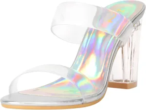 ZriEy Women's Chunky Block Open Toe Mid High Heeled Sandals Two Strap Slip on Heels Slide Sandals for Party Wedding Dress Dating Daily Pumps Shoes