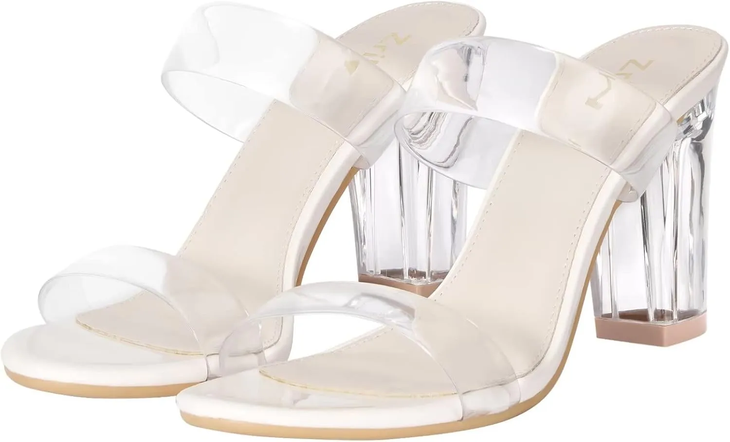 ZriEy Women's Chunky Block Open Toe Mid High Heeled Sandals Two Strap Slip on Heels Slide Sandals for Party Wedding Dress Dating Daily Pumps Shoes