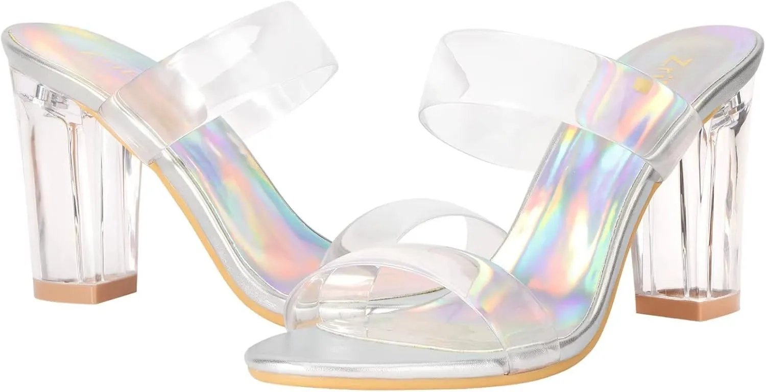 ZriEy Women's Chunky Block Open Toe Mid High Heeled Sandals Two Strap Slip on Heels Slide Sandals for Party Wedding Dress Dating Daily Pumps Shoes