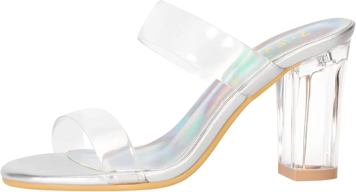 ZriEy Women's Chunky Block Open Toe Mid High Heeled Sandals Two Strap Slip on Heels Slide Sandals for Party Wedding Dress Dating Daily Pumps Shoes