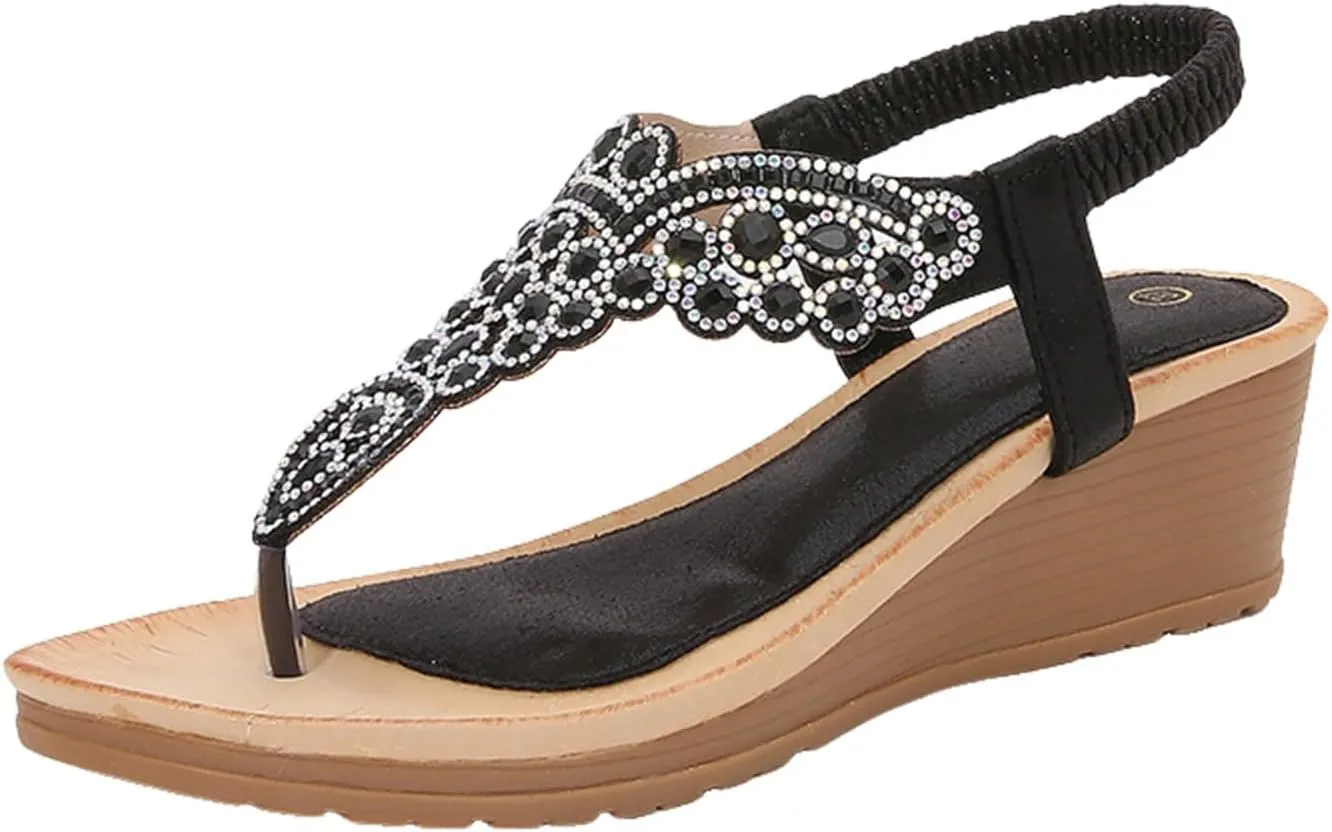 ZSpzx Wedge Sandals for Women Low Heels Summer Dressy Platform Elastic Ankle Strap Open Toe Sandal Womens Thong Rhinestone Comfortable Bohe Beach Slip On Cute Slides Casual Slingback Walking Shoes