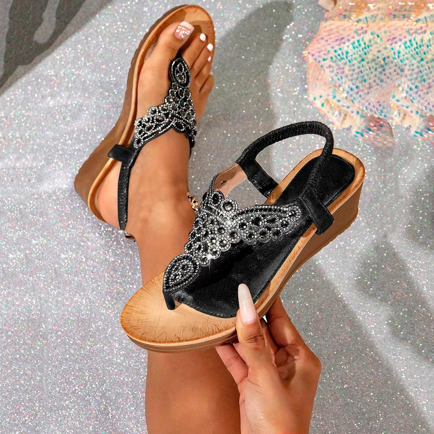 ZSpzx Wedge Sandals for Women Low Heels Summer Dressy Platform Elastic Ankle Strap Open Toe Sandal Womens Thong Rhinestone Comfortable Bohe Beach Slip On Cute Slides Casual Slingback Walking Shoes