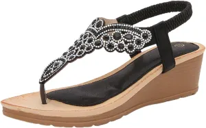 ZSpzx Wedge Sandals for Women Low Heels Summer Dressy Platform Elastic Ankle Strap Open Toe Sandal Womens Thong Rhinestone Comfortable Bohe Beach Slip On Cute Slides Casual Slingback Walking Shoes