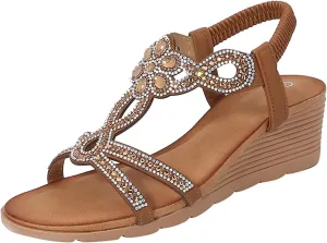 ZSpzx Women's Sparkly Rhinestone T-strap Wedge Sandals Comfortable Open Toe Platform Elastic Retro Dress Shoes for Women Dressy Summer Ankle Strap Sandal Womens Bohe Beach Slip On Cute Slides