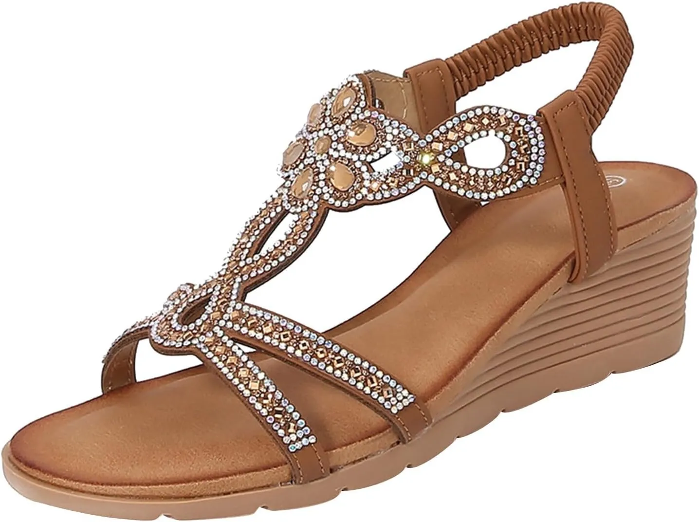 ZSpzx Women's Sparkly Rhinestone T-strap Wedge Sandals Comfortable Open Toe Platform Elastic Retro Dress Shoes for Women Dressy Summer Ankle Strap Sandal Womens Bohe Beach Slip On Cute Slides